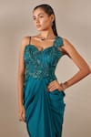 Shop_One Knot One_Blue Crinkled Satin Crepe Embroidered Sequins Embellished Side Slit Gown _Online_at_Aza_Fashions