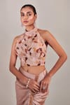Shop_One Knot One_Beige Satin Embroidered Sequins Halter Neck Floral Top With Ruched Skirt_at_Aza_Fashions