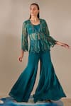 Buy_One Knot One_Blue Jacket Tulle Embroidered Sequins Jacket Open Wave Sharara Set _at_Aza_Fashions