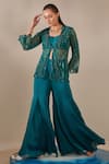 Shop_One Knot One_Blue Jacket Tulle Embroidered Sequins Jacket Open Wave Sharara Set _Online_at_Aza_Fashions