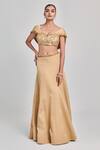 Buy_One Knot One_Beige Crinkled Crepe Satin Embroidered Sequins Blouse U-neck Draped With Skirt _at_Aza_Fashions