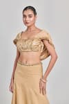 One Knot One By Ashna_Beige Crinkled Crepe Satin Embroidered Sequins Blouse U-neck Draped With Skirt _at_Aza_Fashions