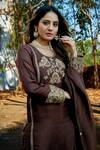 Shop Saangi Brown Linen, Satin, Organza Embroidery Round Neck Maharani Dori Kurta Set at Aza Fashions Shop_Saangi_Brown Linen, Satin, Organza Embroidery Round Neck Maharani Dori Kurta Set _at_Aza_Fashions