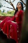 Shop Saangi Maroon Organza, Georgette, Denim Embroidery Crew Neck, Kurta Set With Shrug Online at Aza Fashions Shop_Saangi_Maroon Organza, Georgette, Denim Embroidery Crew Neck, Kurta Set With Shrug _Online_at_Aza_Fashions