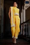 Buy_saangi by shubhangi_Yellow Dola Silk Hand Embroidered Floral High Draped Pant Saree With Top _at_Aza_Fashions