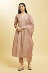 Buy_Adara Khan_Beige Cotton Print Bloom V Neck Gota Lace Anarkali Set _at_Aza_Fashions