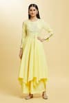 Adara Khan_Yellow Cotton, Organza Embroidery, Tassels, Blossom Crest Anarkali Palazzo Set _Online_at_Aza_Fashions