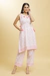 Buy_Khwaab By Sanjana Lakhani_Pink Cotton Tassels V-neck Carnation Bloom Print Kurta And Pant Set _at_Aza_Fashions