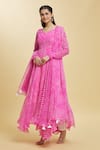 Buy_Samyukta Singhania_Pink Kurta And Dupatta Georgette Leheriya Leaf Rose Bloom Anarkali Set _Online_at_Aza_Fashions