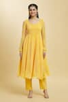 Samyukta Singhania_Yellow Kurta And Dupatta Georgette Leheriya Leaf Daylily Pattern Anarkali Set _Online_at_Aza_Fashions