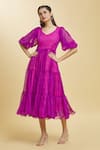 Buy_Naintara Bajaj_Purple Georgette Leheriya V Neck Rose Bud Pattern Tiered Tunic _at_Aza_Fashions