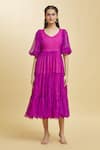 Naintara Bajaj_Purple Georgette Leheriya V Neck Rose Bud Pattern Tiered Tunic _Online_at_Aza_Fashions