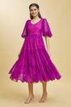 Naintara Bajaj_Purple Georgette Leheriya V Neck Rose Bud Pattern Tiered Tunic _at_Aza_Fashions