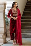 Buy_Maison Shefali_Maroon Kurta Velvet Hand Embroidered Zardosi V Neck Roya Gulaab Set _at_Aza_Fashions