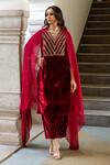 Maison Shefali_Maroon Kurta Velvet Hand Embroidered Zardosi V Neck Roya Gulaab Set _Online_at_Aza_Fashions