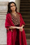 Shop_Maison Shefali_Maroon Kurta Velvet Hand Embroidered Zardosi V Neck Roya Gulaab Set _Online_at_Aza_Fashions