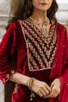 Maison Shefali_Maroon Kurta Velvet Hand Embroidered Zardosi V Neck Roya Gulaab Set _at_Aza_Fashions