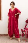 Maison Shefali Red Velvet, Silk Zari, Cut Work Ibtida Gulabi Embroidered Kaftan And Pant Set Online at Aza Fashions Maison Shefali_Red Velvet, Silk Zari, Cut Work Ibtida Gulabi Embroidered Kaftan And Pant Set _Online_at_Aza_Fashions