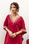 Shop Maison Shefali Red Velvet, Silk Zari, Cut Work Ibtida Gulabi Embroidered Kaftan And Pant Set Online at Aza Fashions Shop_Maison Shefali_Red Velvet, Silk Zari, Cut Work Ibtida Gulabi Embroidered Kaftan And Pant Set _Online_at_Aza_Fashions