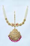 Shop_Kiara_Pink Semi Precious Stone Floral Carved Maangtikka _at_Aza_Fashions