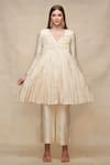 Gulabo By Abu Sandeep_Off White Chanderi Embellished Gota Work V Neck Pleated Short Kurta  _Online_at_Aza_Fashions