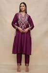 Buy_Gulabo by Abu Sandeep_Wine 100% Pure Chanderi Silk Embellished Gota Patti Notched Kurta  _at_Aza_Fashions