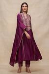 Buy_Gulabo by Abu Sandeep_Wine 100% Pure Chanderi Silk Embellished Gota Patti Mandarin Kaftan  _Online_at_Aza_Fashions