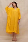 Buy_Gulabo By Abu Sandeep_Yellow Linen V-neck Solid Kaftan Dress _Online_at_Aza_Fashions