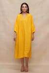 Shop_Gulabo By Abu Sandeep_Yellow Linen V-neck Solid Kaftan Dress _Online_at_Aza_Fashions