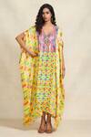 Buy_Gulabo by Abu Sandeep_Yellow Modal Satin Digital Print Animal V-neck Sequined Bodice Kaftan  _at_Aza_Fashions