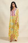Gulabo by Abu Sandeep_Yellow Modal Satin Digital Print Animal V-neck Sequined Bodice Kaftan  _Online_at_Aza_Fashions