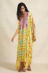 Buy_Gulabo by Abu Sandeep_Yellow Modal Satin Digital Print Animal V-neck Sequined Bodice Kaftan  _Online_at_Aza_Fashions