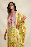 Shop_Gulabo by Abu Sandeep_Yellow Modal Satin Digital Print Animal V-neck Sequined Bodice Kaftan  _Online_at_Aza_Fashions