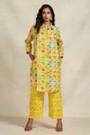 Gulabo by Abu Sandeep_Yellow Linen Digital Print Animal Shirt Collar Long  _Online_at_Aza_Fashions