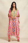 Gulabo by Abu Sandeep_Pink Modal Satin Digital Printed Diamond V Neck Animal Kaftan  _Online_at_Aza_Fashions