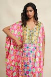 Gulabo by Abu Sandeep_Pink Modal Satin Digital Printed Diamond V Neck Animal Kaftan  _at_Aza_Fashions