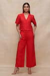 Buy_Gulabo By Abu Sandeep_Red Linen Collared Cropped Shirt _at_Aza_Fashions