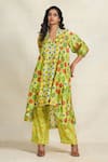 Buy_Gulabo by Abu Sandeep_Green Chanderi Printed Botanic V Neck A-line Tunic  _at_Aza_Fashions