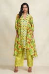 Gulabo by Abu Sandeep_Green Chanderi Printed Botanic V Neck A-line Tunic  _at_Aza_Fashions