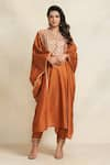 Gulabo by Abu Sandeep_Orange 100% Pure Chanderi Silk Embroidery Gota Stand Collar Kaftan  _at_Aza_Fashions