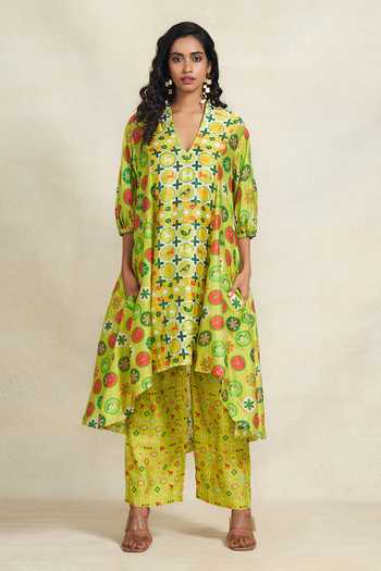 Buy_Gulabo By Abu Sandeep_Green Chanderi Abstract Print Pant _at_Aza_Fashions