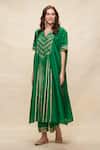 Gulabo By Abu Sandeep_Green Chanderi Gota Patti V-neck Embroidered Pleated Kaftan _Online_at_Aza_Fashions