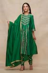 Shop_Gulabo by Abu Sandeep_Green Chanderi Embroidery Gota Round Neck Pleated Kurta  _Online_at_Aza_Fashions