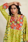 Gulabo by Abu Sandeep_Green Chanderi Print Floral Stand Collar Gathered Kurta  _at_Aza_Fashions