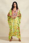 Buy_Gulabo by Abu Sandeep_Green Modal Satin Print Floral V Neck Sequin Embroidered Yoke Kaftan  _at_Aza_Fashions