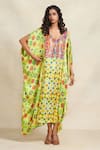 Buy_Gulabo by Abu Sandeep_Green Modal Satin Print Floral V Neck Sequin Embroidered Yoke Kaftan  _Online_at_Aza_Fashions