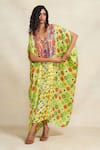 Shop_Gulabo by Abu Sandeep_Green Modal Satin Print Floral V Neck Sequin Embroidered Yoke Kaftan  _Online_at_Aza_Fashions