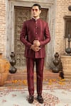 Shop_Abkasa_Maroon Dupion-raw Silk Blend Textured Cinnamon Bandhgala And Pant Set  _at_Aza_Fashions