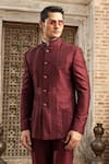 Buy_Abkasa_Maroon Dupion-raw Silk Blend Textured Cinnamon Bandhgala And Pant Set  _Online_at_Aza_Fashions