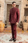 Shop_Abkasa_Maroon Dupion-raw Silk Blend Textured Cinnamon Bandhgala And Pant Set  _Online_at_Aza_Fashions